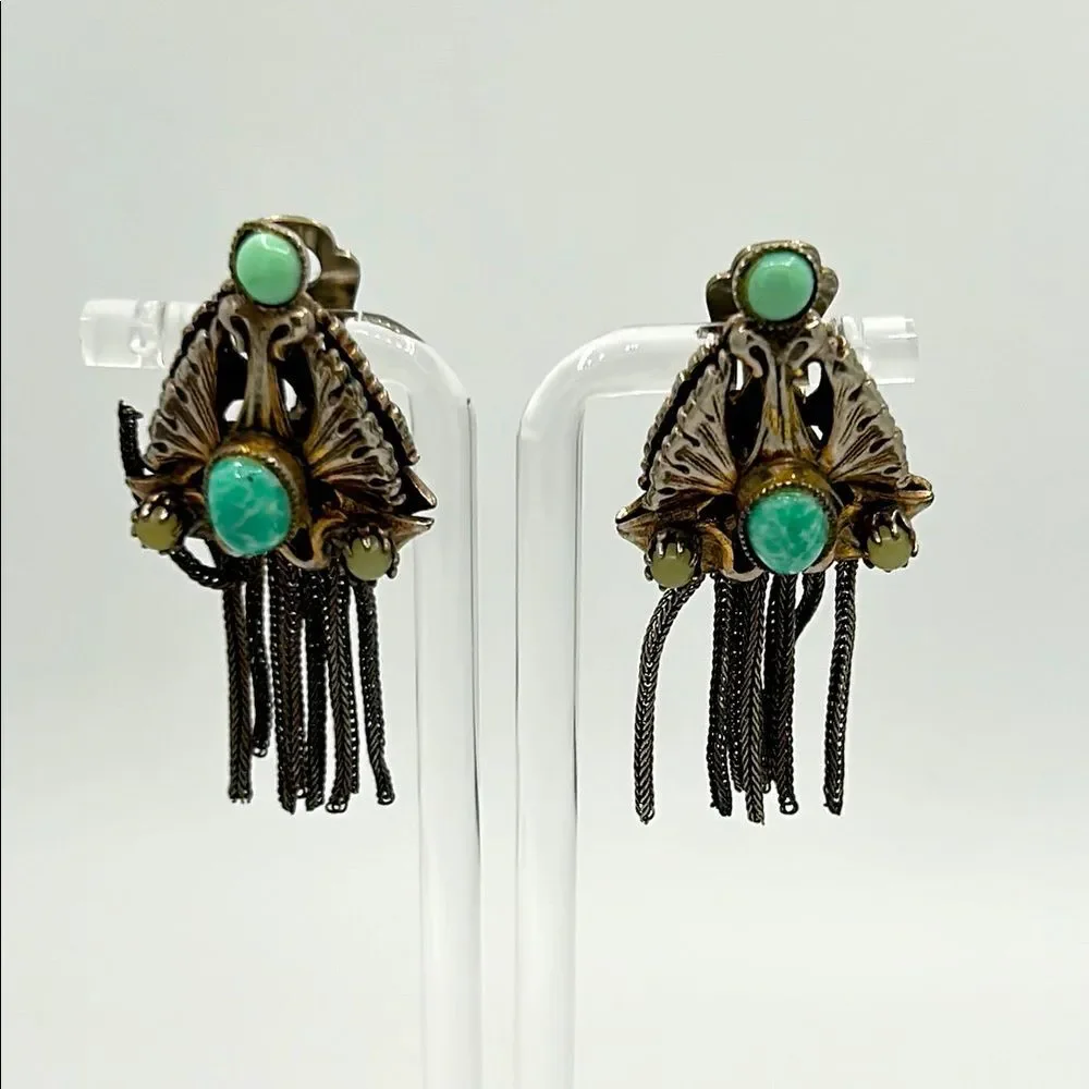 Vintage Art Deco Green and Silver Clip-on Earrings